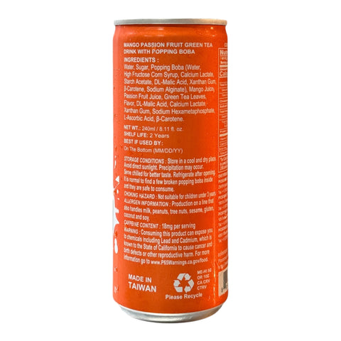 POPPING BOBA DRINK - MANGO PASSION FRUIT GREEN TEA  240ML*24 CANS